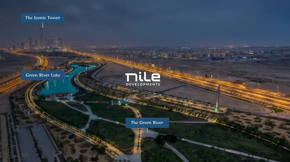 موقع كمبوند ريفر ديستريكت بالتحديد امام النهر الاخضر والبحيرة المركزية