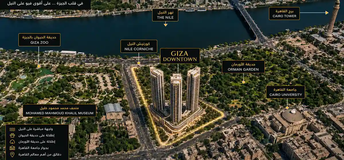 موقع ابراج Giza Downtown Towers علي النيل مباشرة