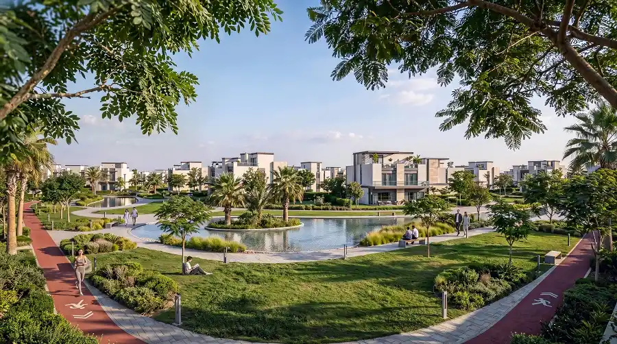 كمبوند كيو جاردنز العبور Que Gardens | أسعار ومساحات 2026 4 المساحات الخضراء في كمبوند كيو جاردنز العبور