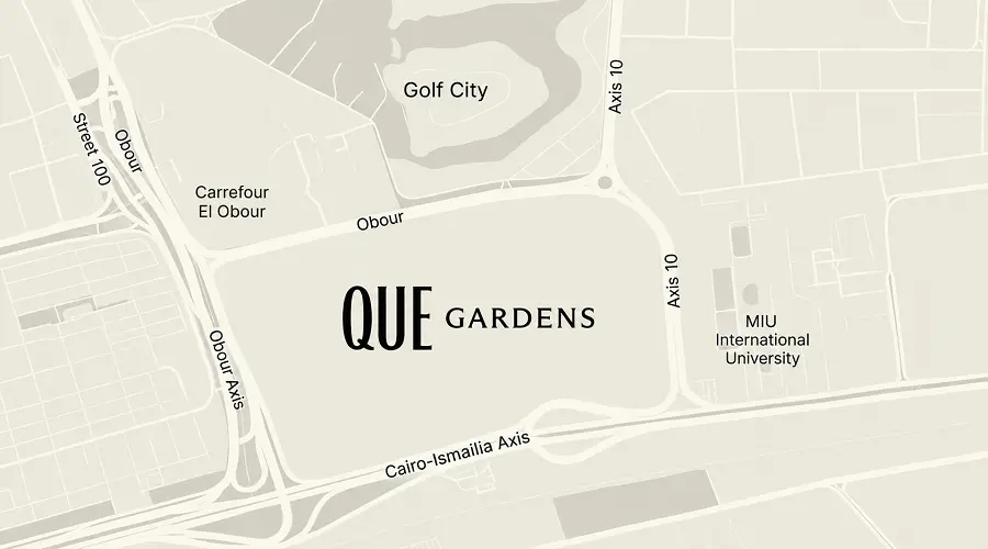 كمبوند كيو جاردنز العبور Que Gardens | أسعار ومساحات 2026 1 اين يقع كمبوند كيو جاردن العبور؟